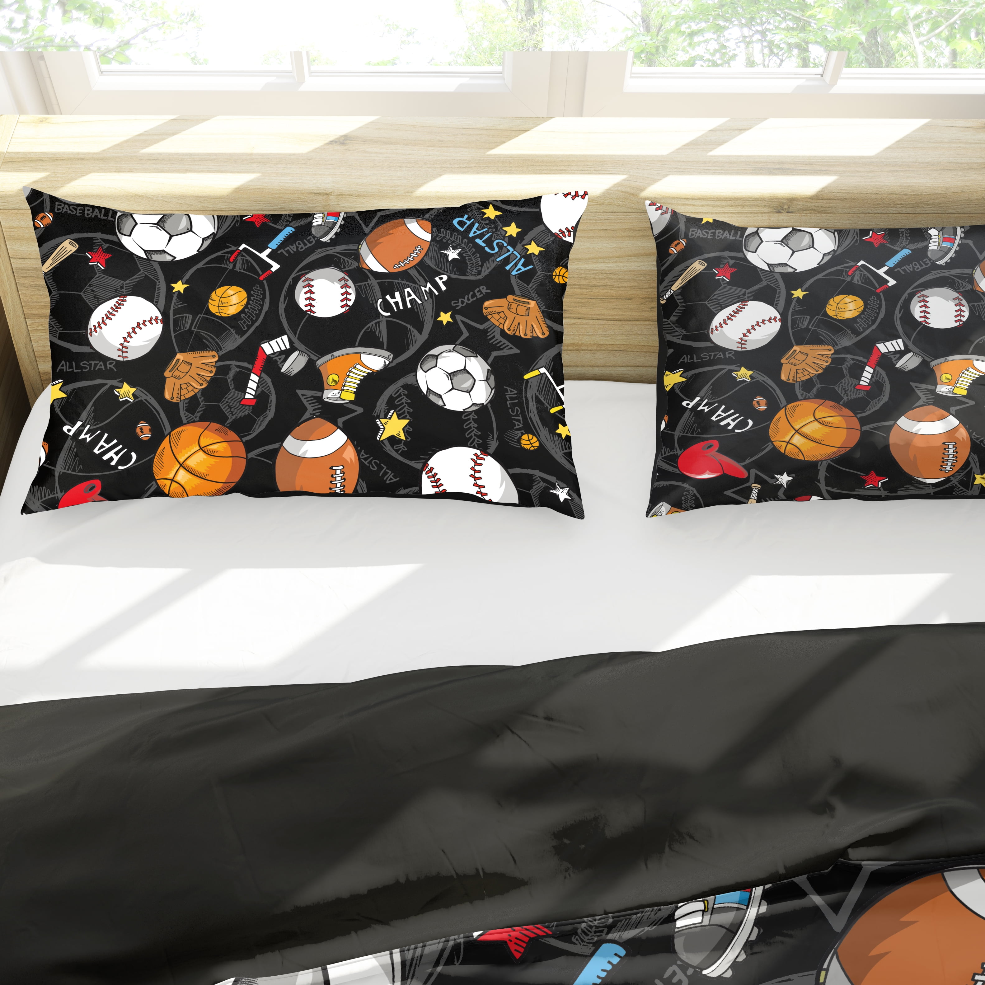 Twin Sports Comforter Set Black Ball Bedding Sets for Boys Girls Kids Teen 3D Soccer Basketball Baseball Football Design 5Pcs Bed in A Bag