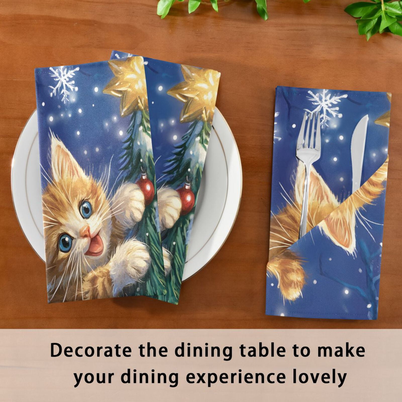 JSTEL Christmas Tree Cat Cloth Napkins Set of 6, 20x20 Inch Washable and Reusable Napkin for Decoupage Dinner Party Everyday Use