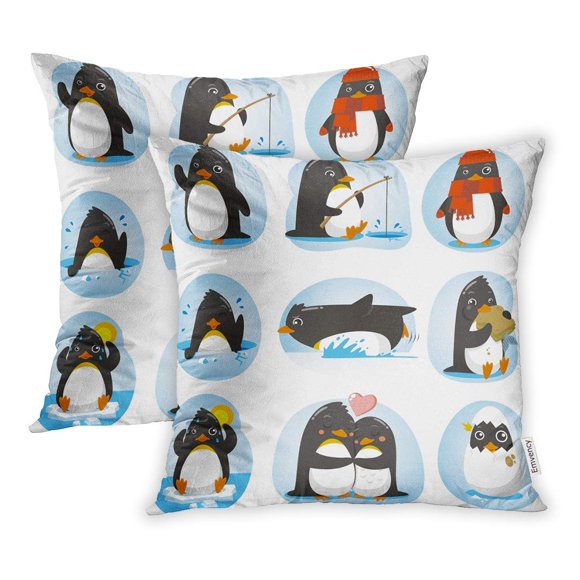 BSDHOME Cute Penguin of in Different Situations Like Dancing Fishing Winter Swimming Pillowcase Cushion Cases 16x16 inch Set of 2
