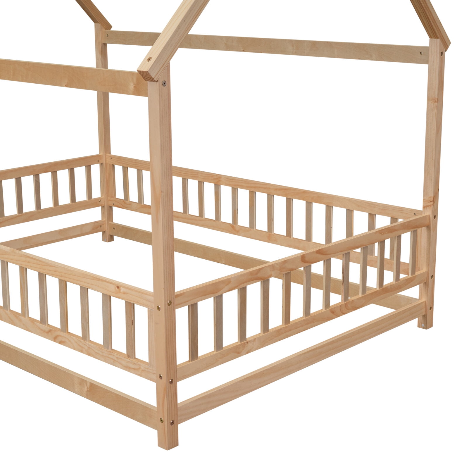 Full Size Floor Bed Frame for Kids,Montessori Floor Bed with House Roof Frame and Fence Guardrails,Low Wooden Playhouse Bed for Girls and Boys,Natural