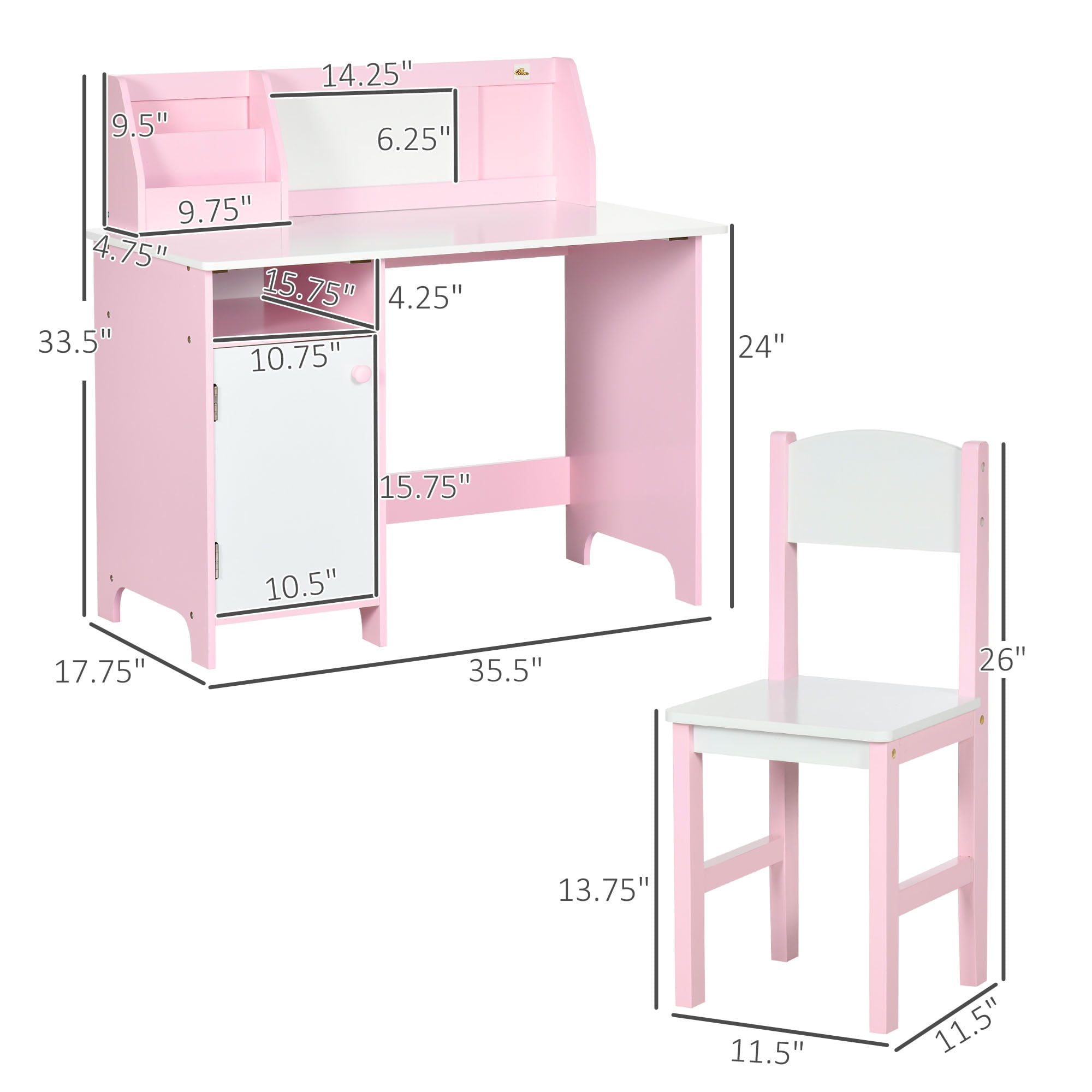 Qaba Toddler Table and Chair Set, with Whiteboard, Kids Writing Desk Homework Table, Pink