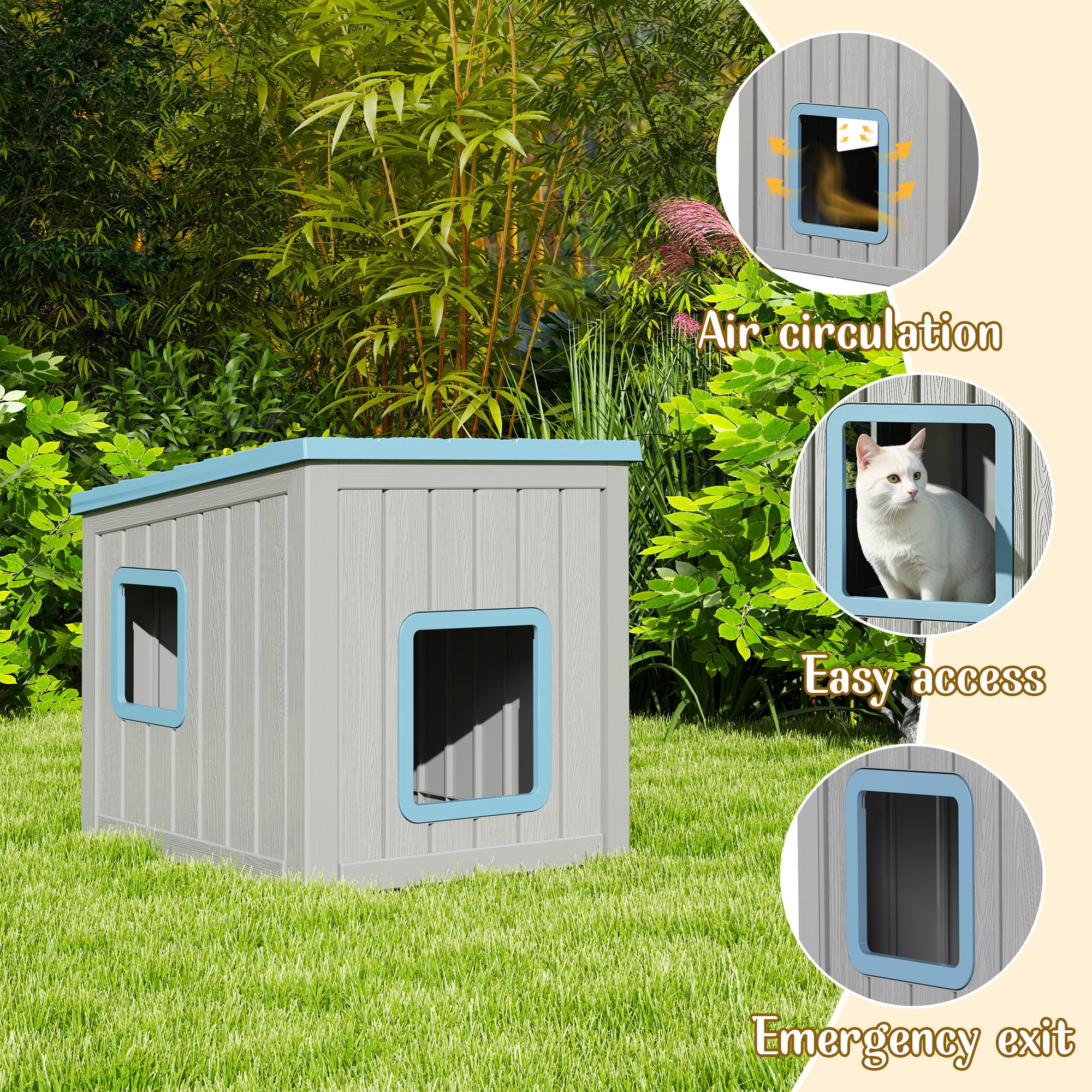 Bifanuo Outdoor Cat House, Weatherproof Shelter for Feral Cats & Kittens, Durable Insulated PP Shelter for Garden & Patio (Gray & Blue)