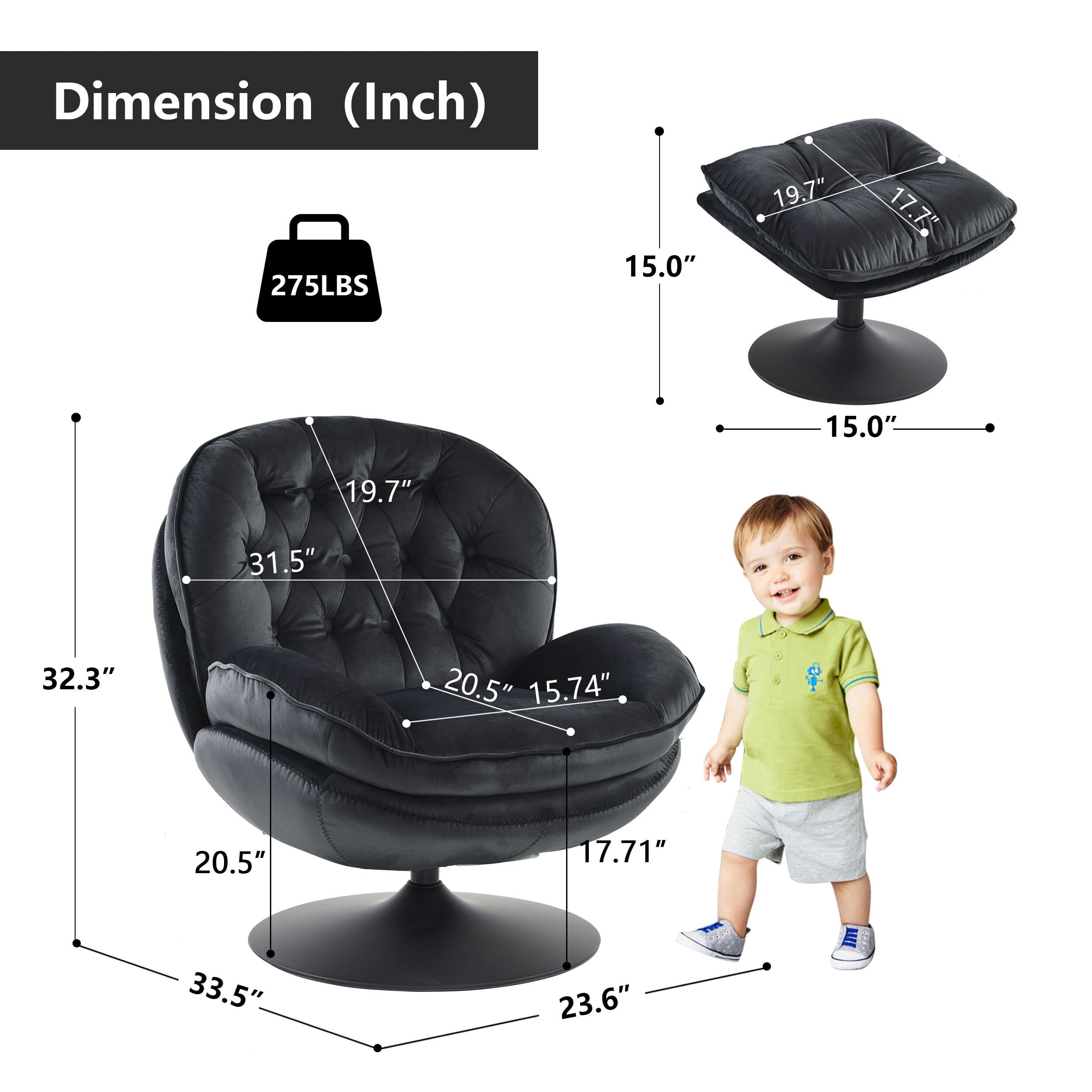 Comfort Stretch Velvet Swivel Accent Chair with Ottoman Round Reading Chair with Foot Stool Set Black
