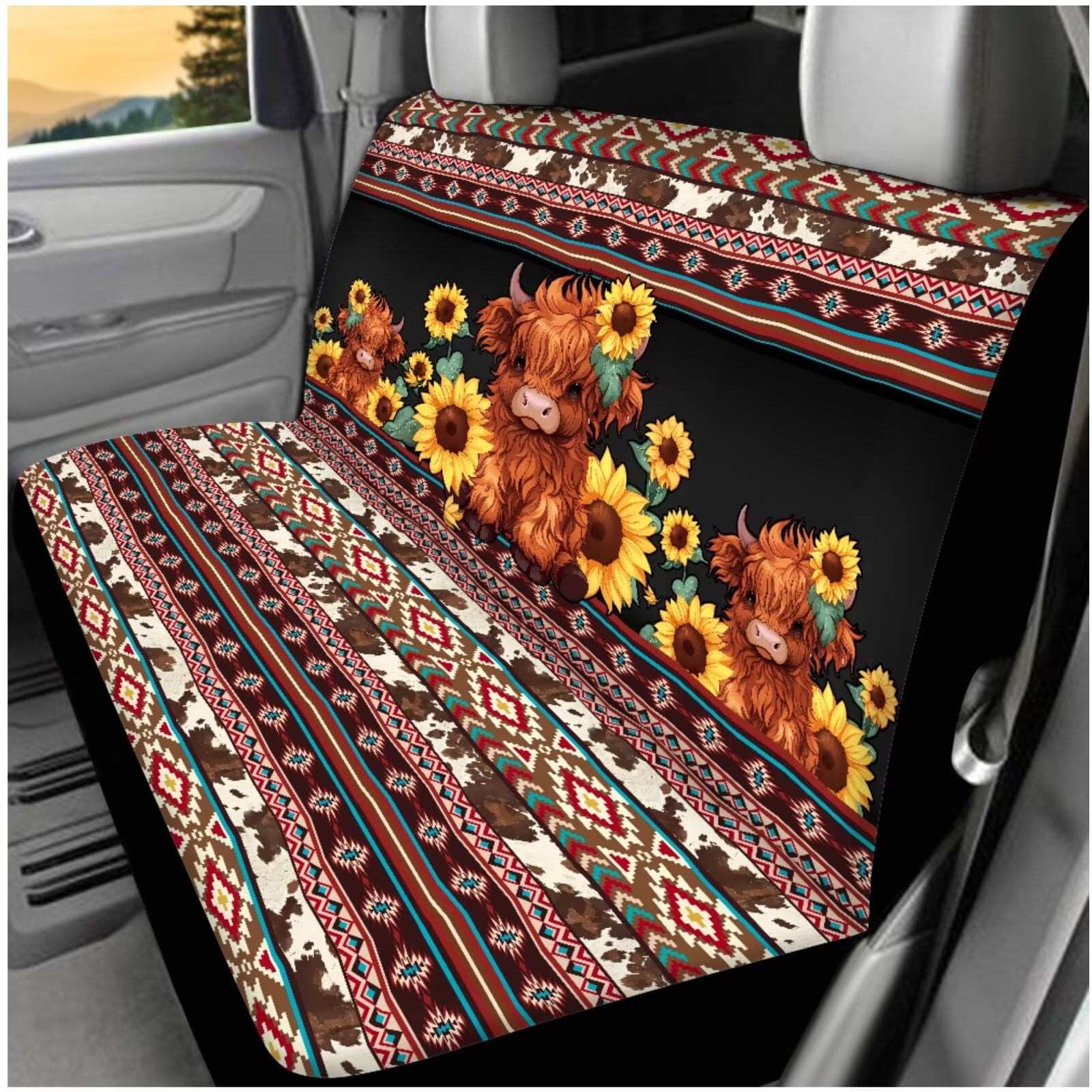 HUIACONG Aztec Highland Cow Sunflower Car Accessories Seat Covers Full Set with Steering Wheel Cover Center Console Cover Seat Belt Pads Coasters Headrest Cover Keychain 14 Pcs Universal Fit