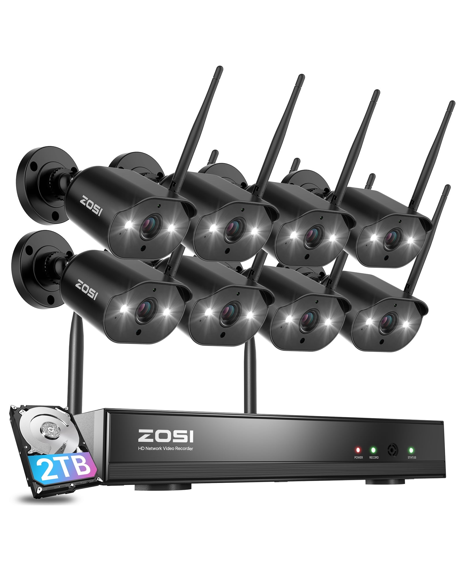 3MP Wireless Wi-Fi Security Camera System with 2 Way Audio, ZOSI 2K 8CH WiFi 6 NVR, 8PCS Outdoor WiFi Camera with Color Night Vision, AI Detection, 2TB HDD for 24/7 Recording, Smart Home Security