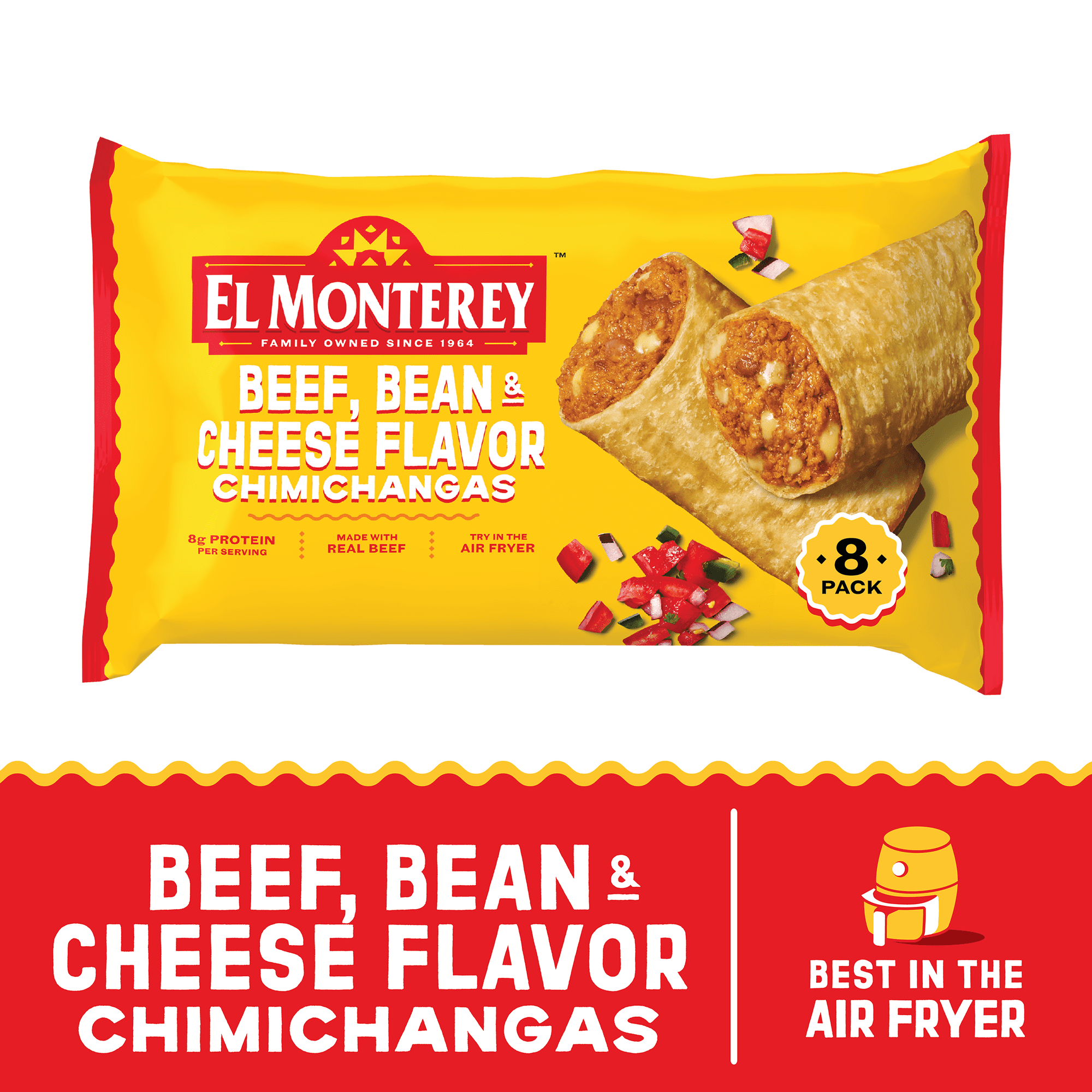 El Monterey Beef, Bean & Cheese Flavor Chimichangas, 30.4 oz, 8 Count (Frozen)