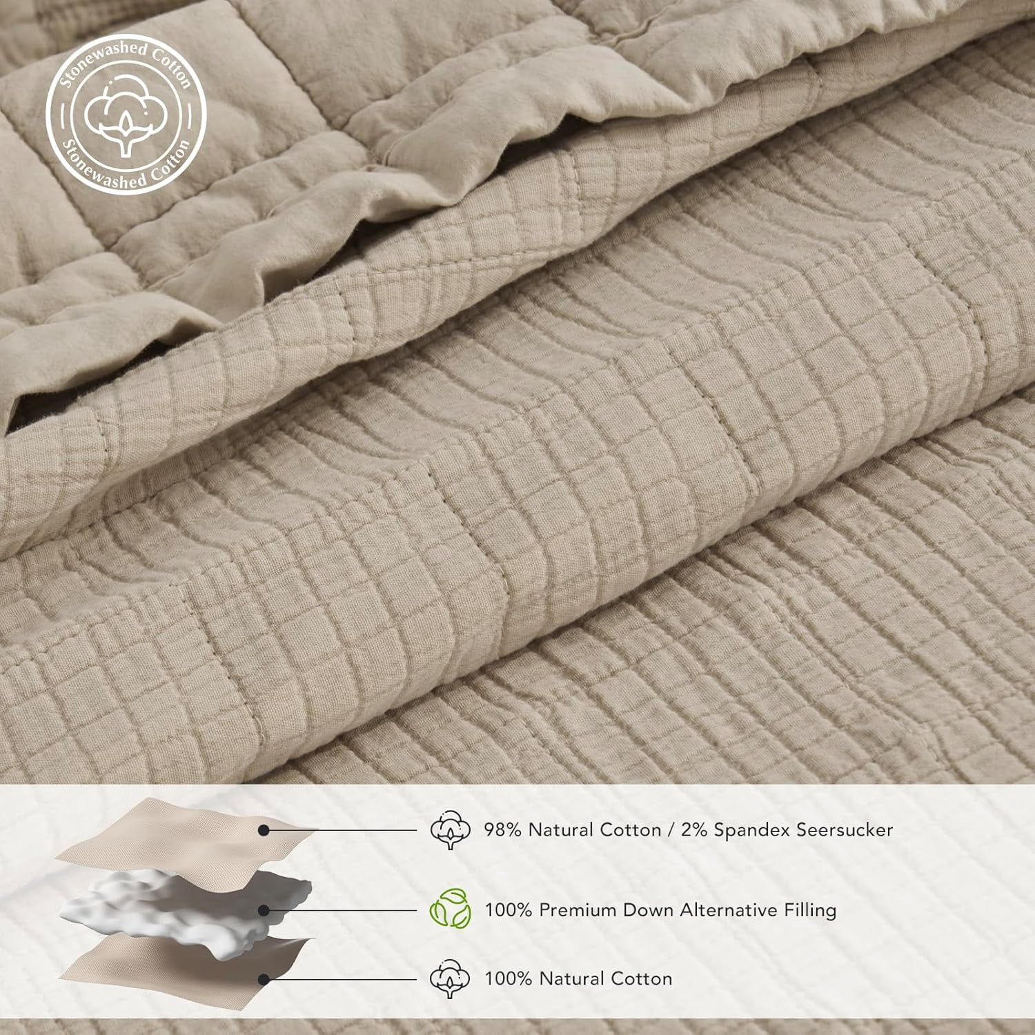 EVERGRACE Stonewashed Cotton Quilt Set Full Queen Size, Ultra Soft Oversized Bedspread Coverlet Set, Lightweight Crinkle Box Stitch Bedding Sets for All Season, with 2 Shams, Flax Beige