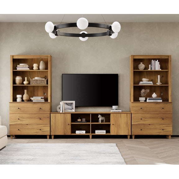 WAMPAT Modern Entertainment Center for 75" TVs, Wood TV Stand with Drawers & Bookshelves for Living Room,Oak Brown