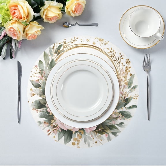 15.4" Round Placemat Set of 1 Polyester Fabric Place Mats Non-Slip Dining Kitchen Table Mats for Kitchen Party Decor Watercolor Roses and Greenery