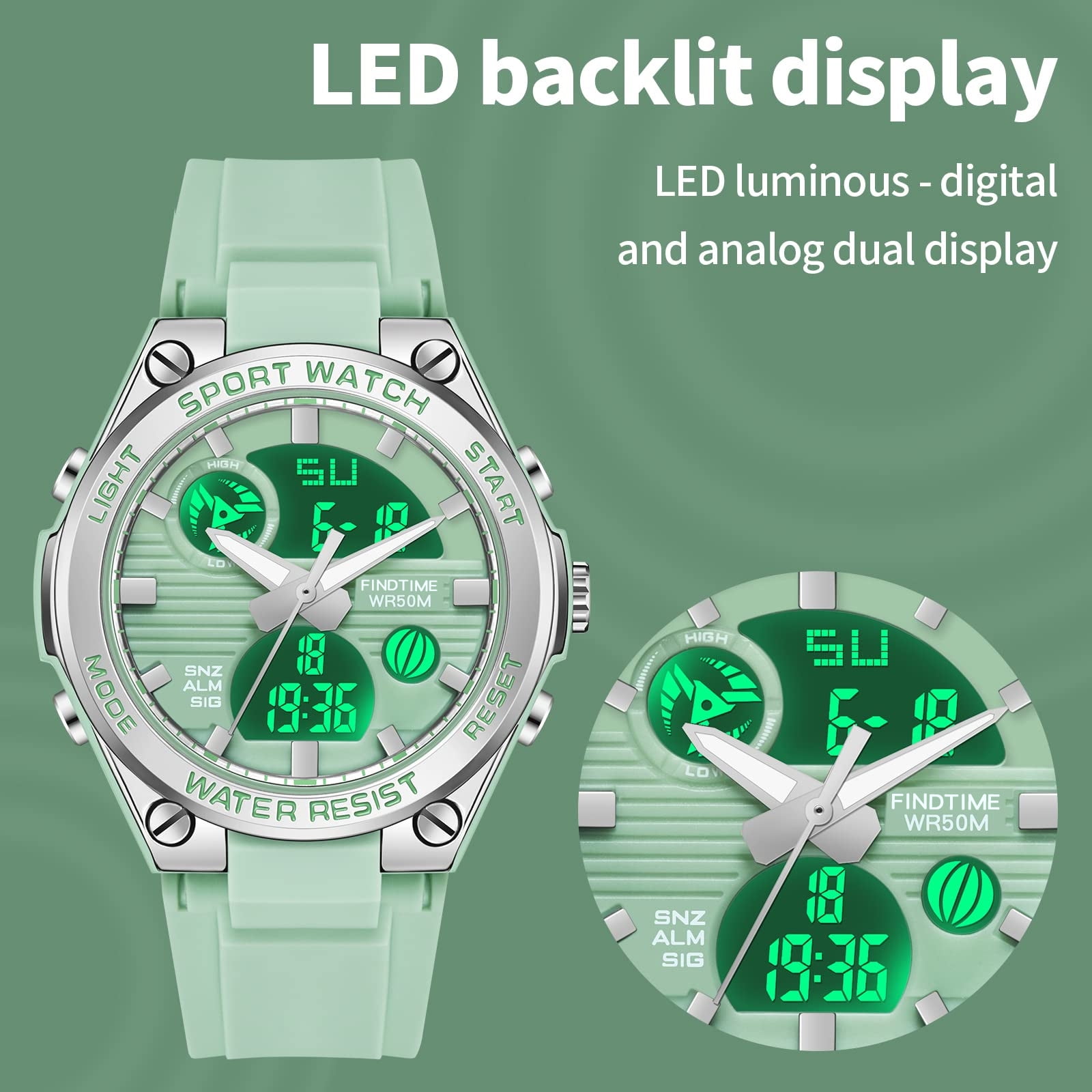 Findtime Ladies Sport Digital Watches Wrist Watch for Women with Waterproof Dual Time Date Luminous Back Light Week Alarm Stopwatch Count Down White Black Blue Green