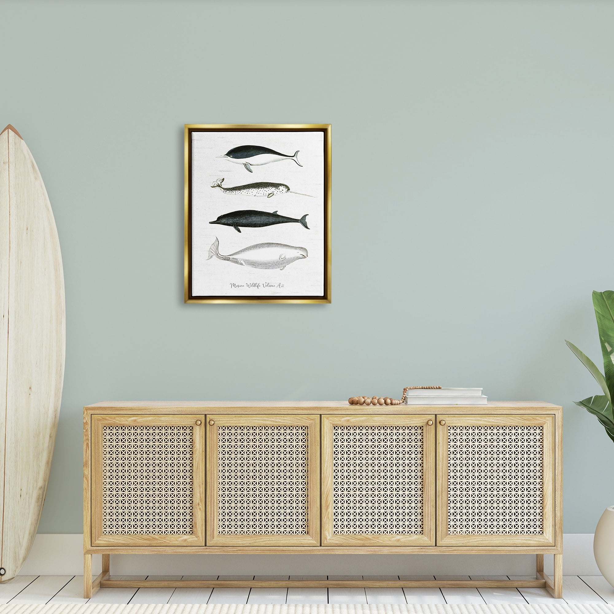 Stupell Industries Nautical Sea Life Whales Narwhal Marine Drawings Graphic Art Metallic Gold Floating Framed Canvas Print Wall Art, Design by Lettered and Lined
