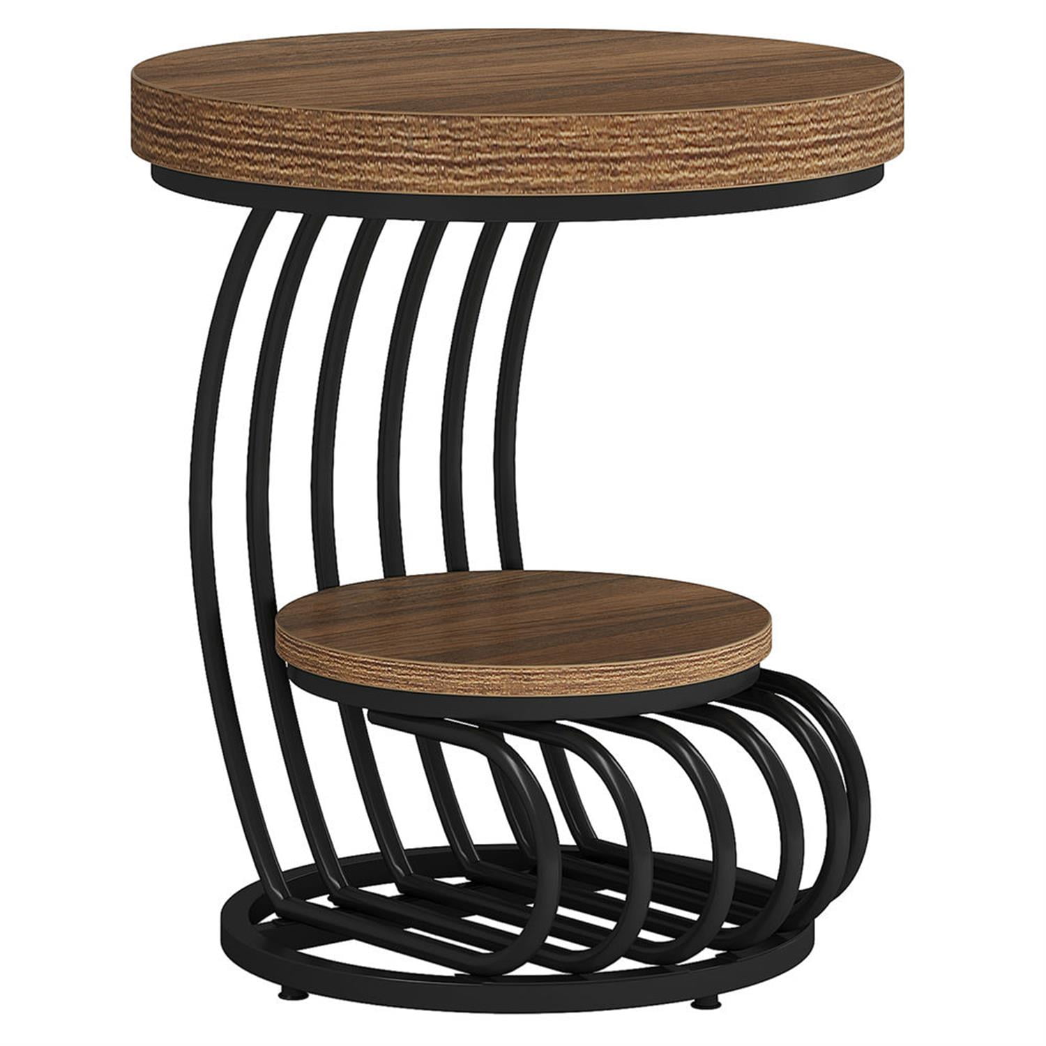 Demi Bonn Round Side Table with Metal Frame and Storage Shelf, 2 Tiers Faux Marble End Table Nightstand for Small Spaces, Living Room, Bedroom, Retro Brown