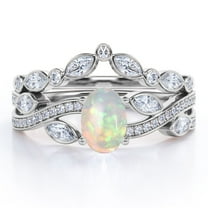 JeenMata Chevron Bezel 1.75 carat Ovate Welo Opal And Moissanite Infinity Pave-Channel Wedding Ring Set In 18K White Gold Plating Over Silver