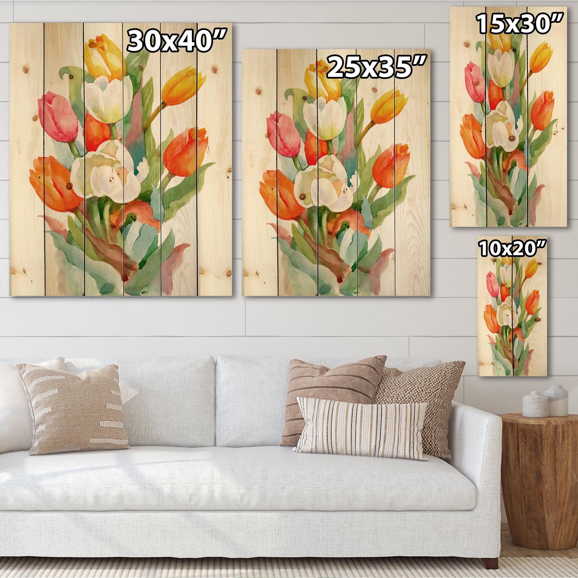Designart 'Blooming Orange and White Tulips Flower' Traditional Print on Natural Pine Wood