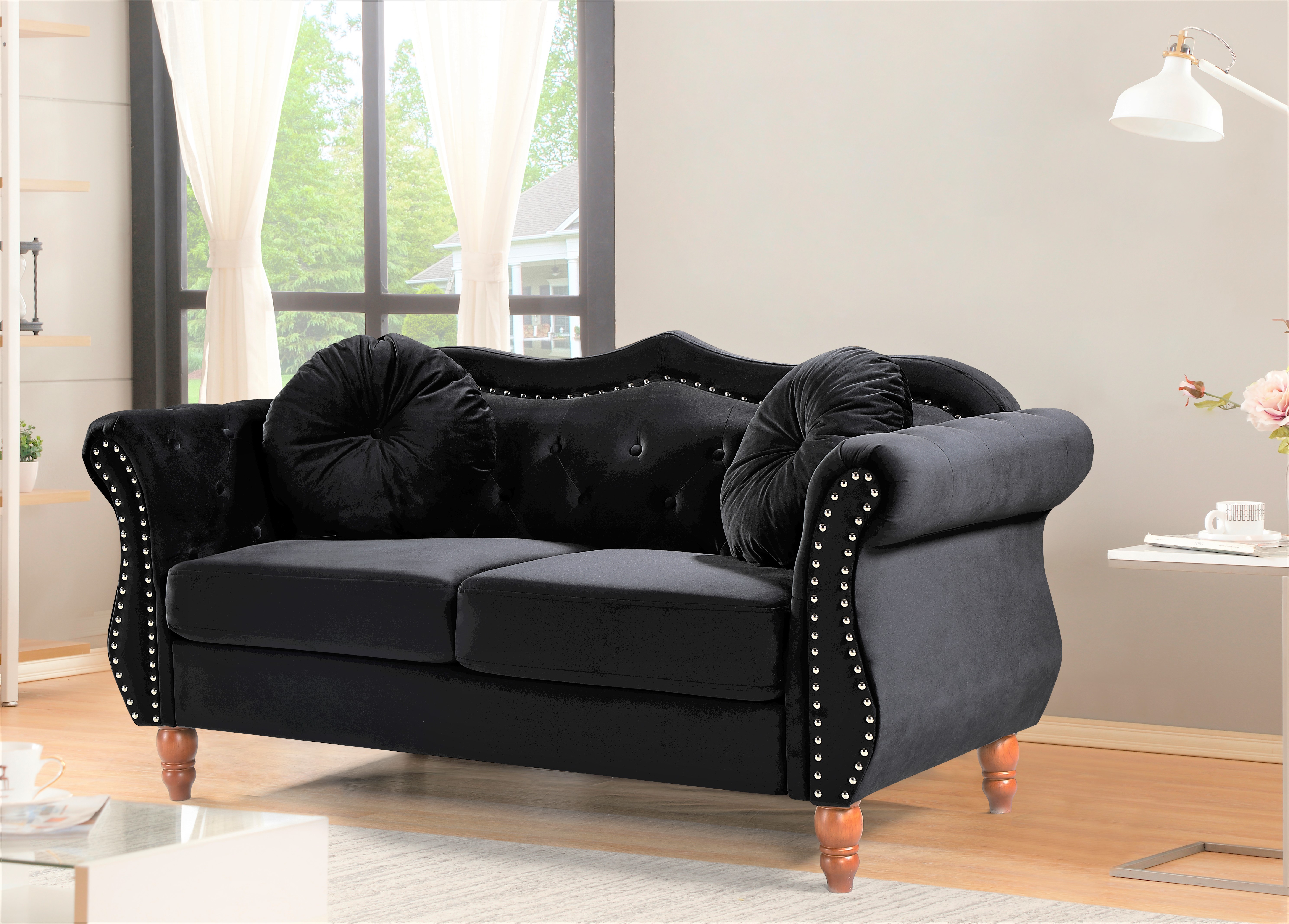 Uspridefurniture Wymore 2 Piece Velvet Living Room Set, Loveseat Sofa, Black