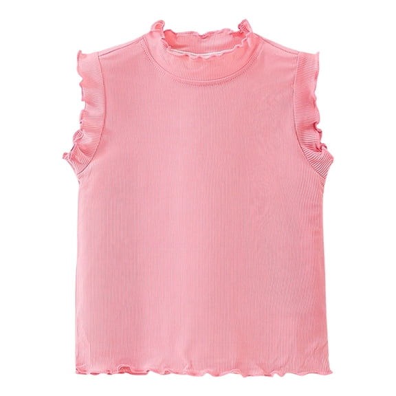 JAJAHO Girls Tank Tops For Kids Lettuce Trim Sleeveless Summer Top Crew High Neck Lightweight Solid Color Ribbed Basic Tee Ages 1-10 Years