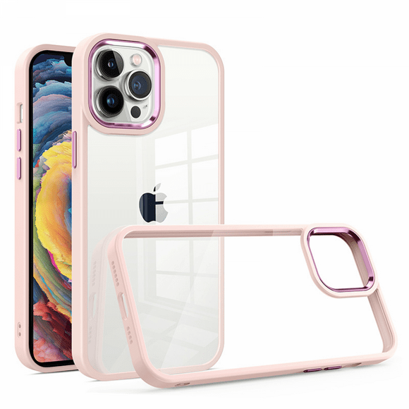 For iPhone 12 pro Case, Full Body Case, Shockproof Case Metal Camera Frame Shockproof Phone Case (Pink)