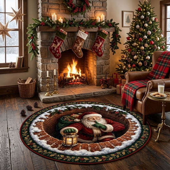 3D Christmas Optical Illusion Round Rug – Cozy Washable Holiday Area Mat – Versatile Home Decor Carpet for Entryways, Living Rooms, and Holiday Parties