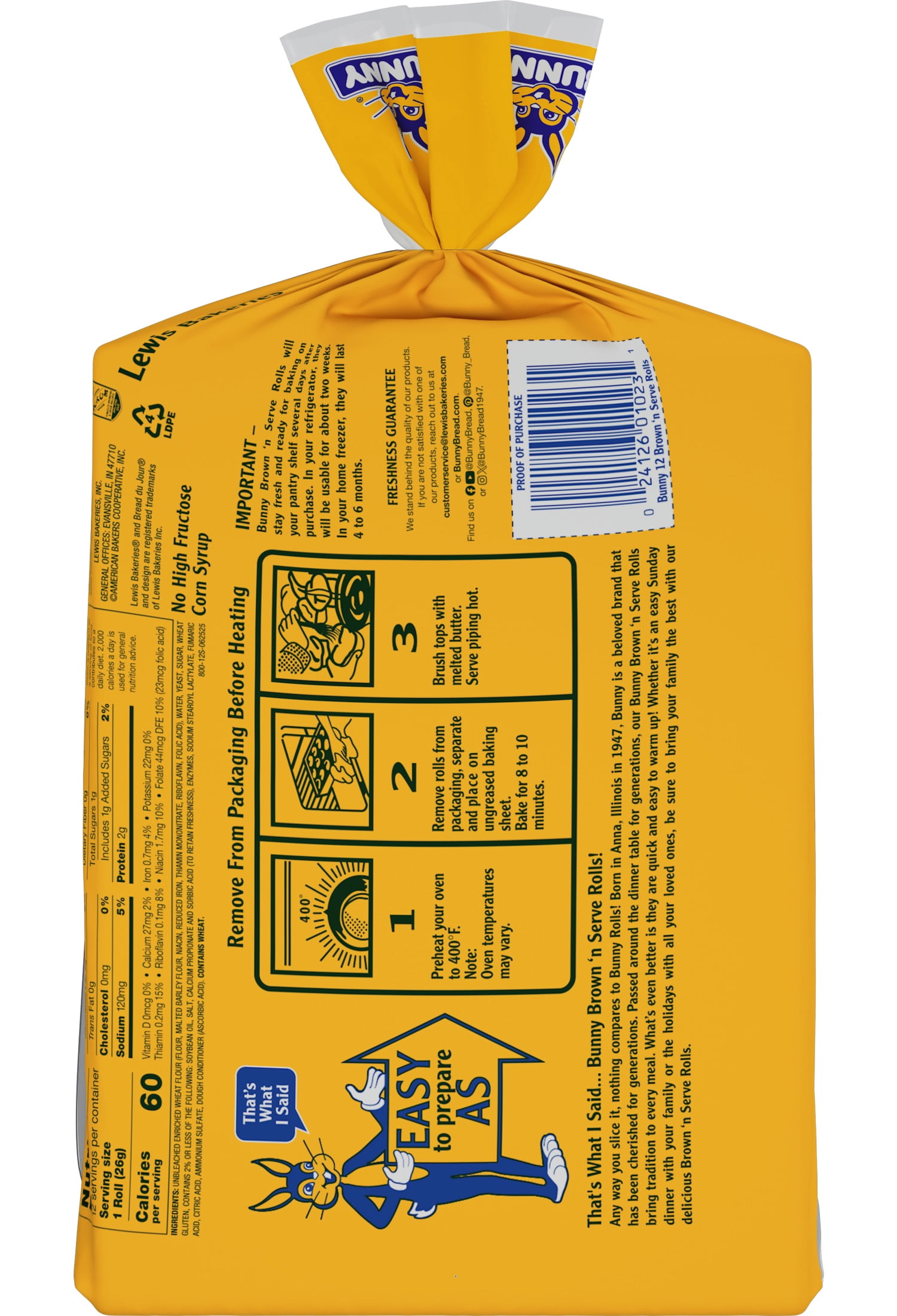 Bunny Brown 'n Serve Rolls, 11 oz, 12 Count