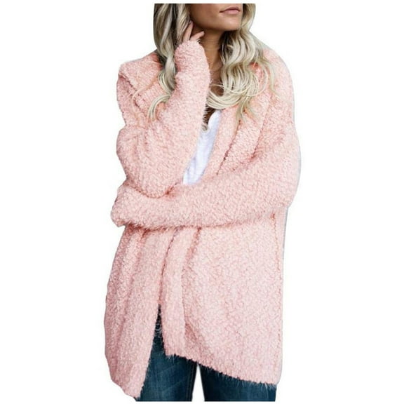 UJNDER Womens Jacket Long Sleeve Cardigan Loose Sweater Hooded Solid Fuzzy Coat Casual Top Open Front Pink L