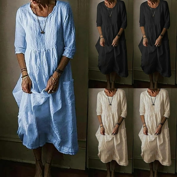 Olyvenn Womens Plus Size Cotton Linen Long Pencil Dress Elegant Vintage Solid House Dress Round Neck Pleated Tiered Swing Loose Casual Smocked Drop Shoulder Long Sleeve Fashion Beige 4