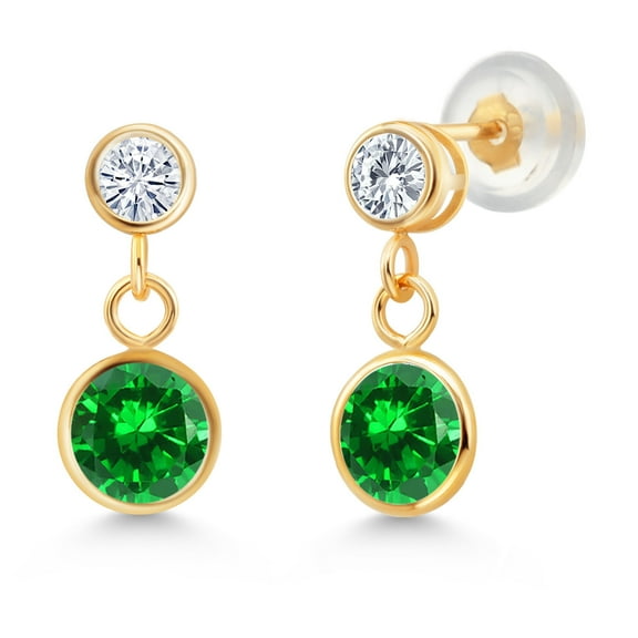 Gem Stone King 14k Yellow Gold Green Created Emerald and White Moissanite Two Stone Dangle Earrings for Women (2.20 Cttw, Gemstone May Birthstone, Round 6MM, Round 3MM)