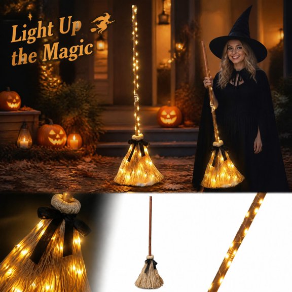 Halloween Light-Up Witch Broom with Led String Lights, Scary Outdoor Halloween Decorations for Yard and Porch, Spooky Party Props for Adults and Home Decoration, 1 Pack