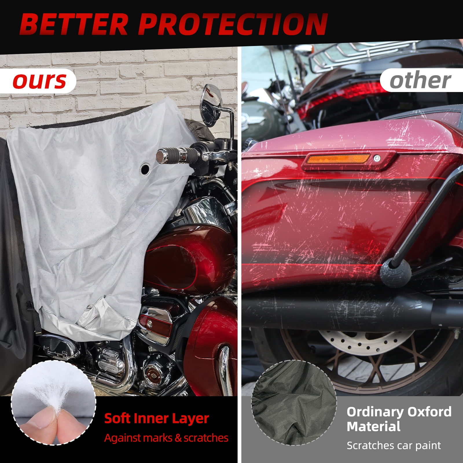 600D Motorcycle Cover, Heavy Duty Waterproof Motorcycle Covers Outdoor Storage with Lock-Holes Compatible with Harley Davidson, Honda, Suzuki, Yamaha (Side+Top Box)