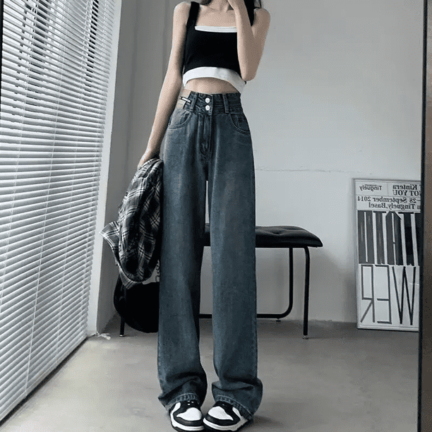 Pantalones vaqueros azules de cintura alta y campana para mujer, pantalones holgados y adelgazantes de pierna recta, nuevos pantalones de estilo petite de otoño de 2023