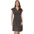 thumbnail image 1 of INSPIRE CHIC Women's Floral Ruffle Trim Cuff Wrap Dress Black S, 1 of 5