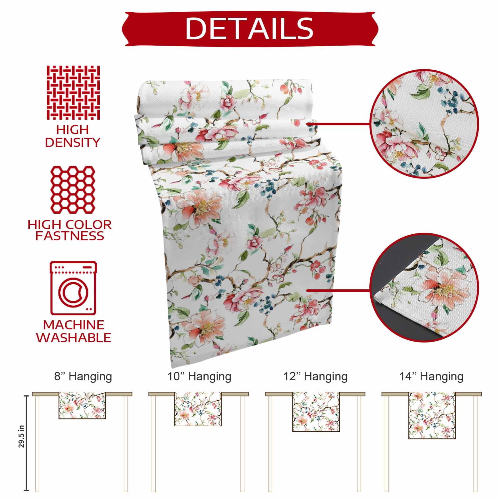 Pink Green Botanical 90 Inch Table Runner, Summer Watercolor Branch Flower Farmhouse Dresser Scarf Cotton & Linen Tablerunner for Dining/Kitchen Island/Holiday Party Décor 13" x 90"
