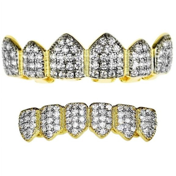 18k Gold Plated Grillz Set CZ Bling Two Tone Top & Bottom Teeth Hip Hop Grills