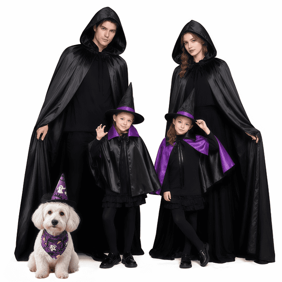 Family Matching Halloween Costumes Set Black Purple Cloak Halloween Costumes for Men Women Little One Dogs, Witch Cape Hat Cosplay Outfit, Family Halloween Cloak Costume for Party & Trick or Treat