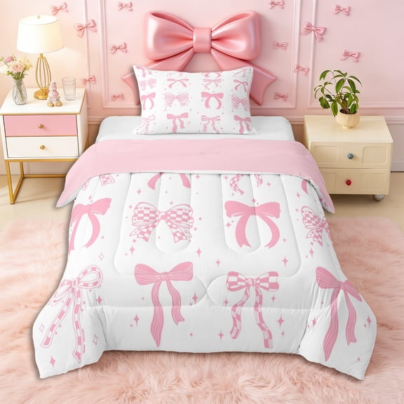 Erosebridal Kids Kawaii Plaid Bowknot Twin Comforter Sets 3-Piece,Girls Teens Cute Stripes Bow Tie Bedding Set,Pink Reversible,Microfiber Bedroom Decor