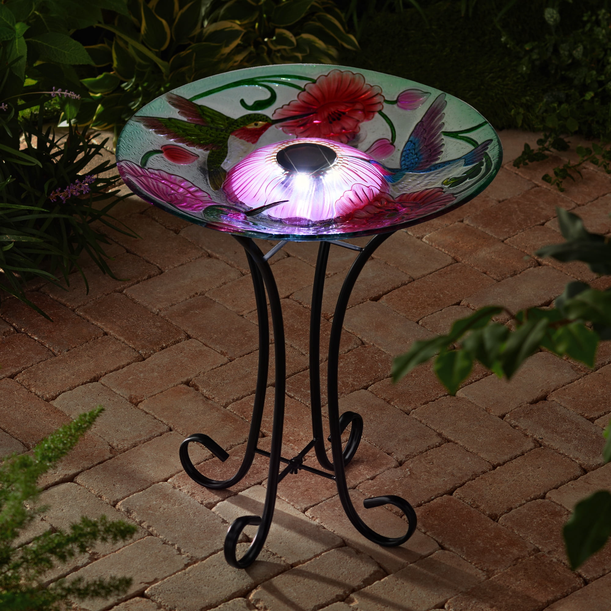 SOLAR LED FLORAL GLASS BIRD BATH WITH STAND - HUMMINGBIRD & POPPIES