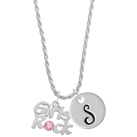 Delight Jewelry Silvertone Girls Rock with Light Pink Crystal Silvertone Script Initial Disc - S - Charm Necklace, 20"+3"