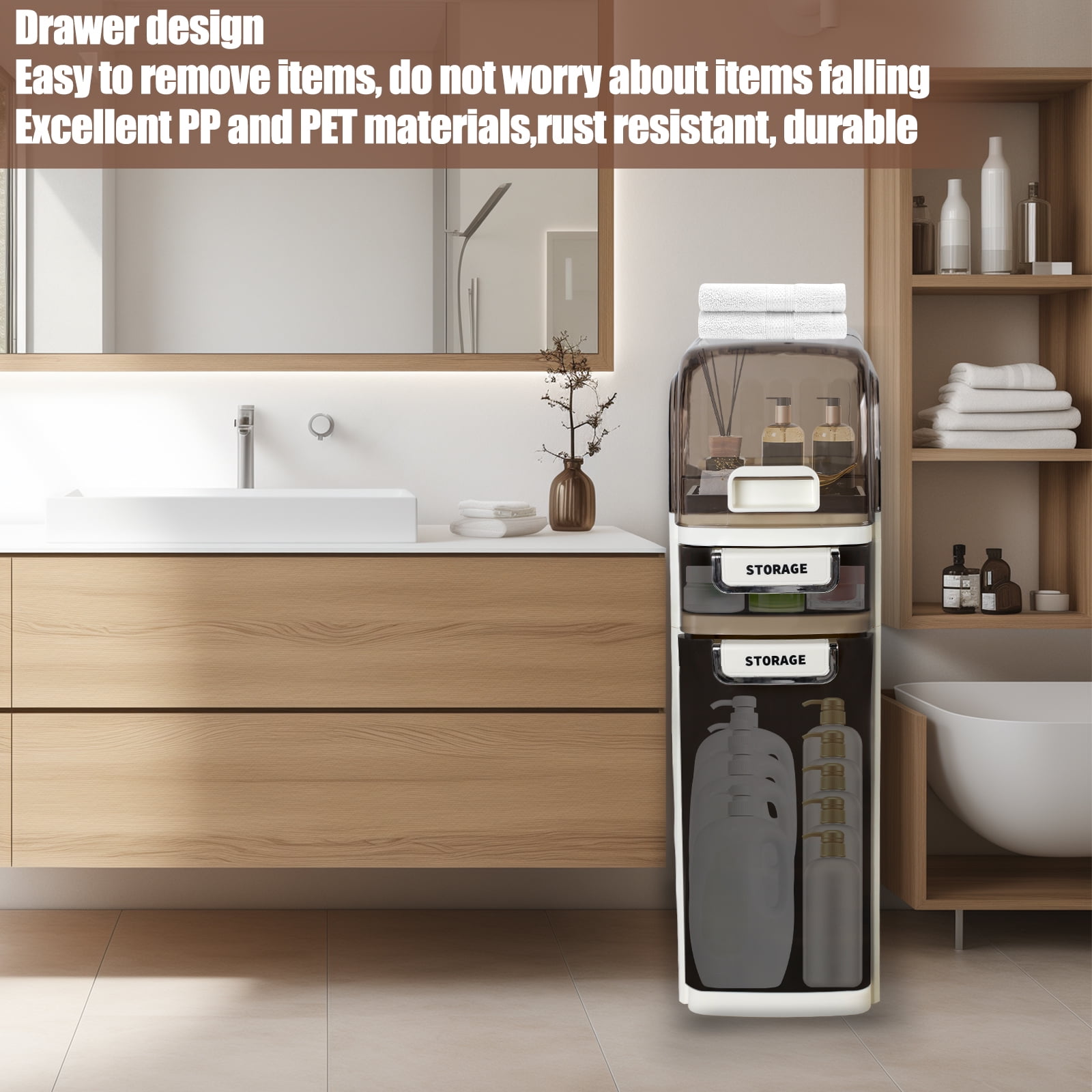 3 Tier Standing Storage Cabinet with Drawers and Removable Rollers, Slim Bathroom Storage Cabinet, Large Capacity Design, Narrow Toilet Paper Cabinet for Tight Spaces, White
