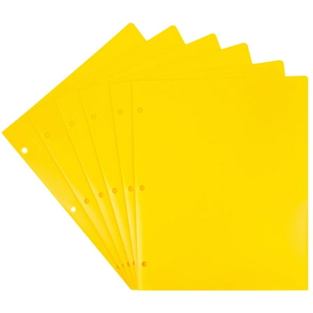 JAM Paper Heavy Duty Plastic 3 Hole School Folders with Pockets, Yellow, 6 per Pack