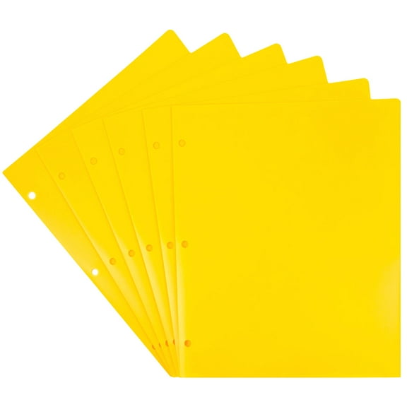 JAM Paper Heavy Duty Plastic 3 Hole School Folders with Pockets, Yellow, 6 per Pack
