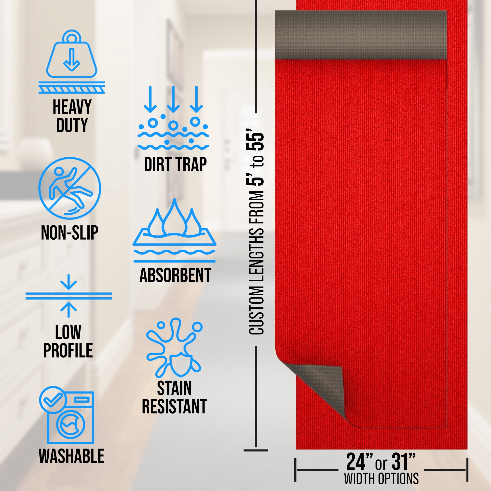 31 in. Wide x Cut-to-Length – Non-Slip, All-Weather, Heavy-Duty Utility Runner Rug – Absorbent, Dirt-Trapping, Kid and Pet Safe for Entryways and High-Traffic Areas, Red