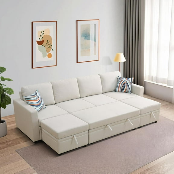 Sackcloth 6-Pieces Pull Out Sleeper Sofa Bed with Storage Chaise, U-Shape Sectional Couch Bed with Back Cushion for Living Room,Apartment,Office - Beige