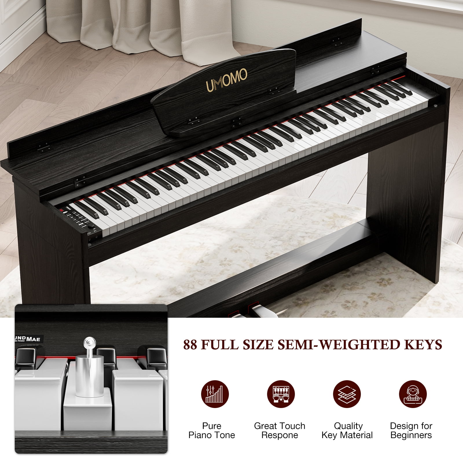 UMOMO 88 Key Digital Piano Keyboard, Full Size Electric Piano with Piano Stand, Headphone Jack, 3 Pedal, Electronic Piano for Beginner, Adults, Black