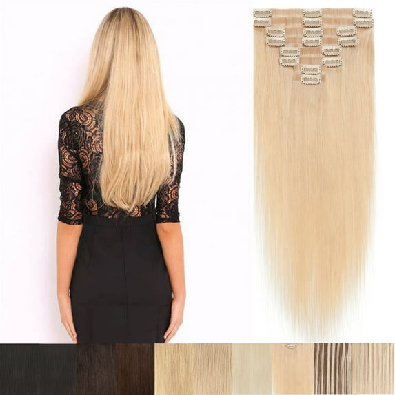 MY-LADY 8PCS/set 100% Remy Human Hair Clip in Hair Extensions Long Soft for Women Straight Natural Human Real Hairpiece 20inch #613 Bleach Blonde