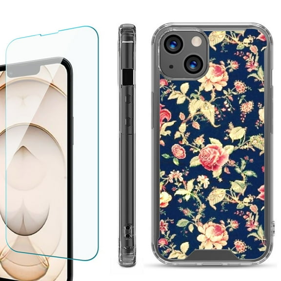 Shockproof Bumper Phone Case for iPhone 13, with Tempered Glass Screen Protector, by OneToughShield ® - Floral Garden