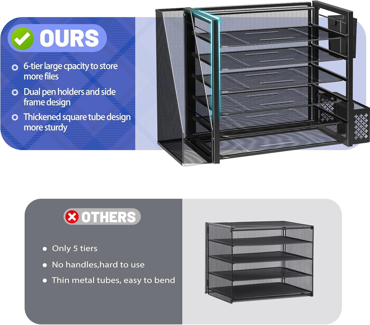 6 Tier Desk File Organizer, Paper Letter Tray Organizer with File Holder and Pen Container, Black