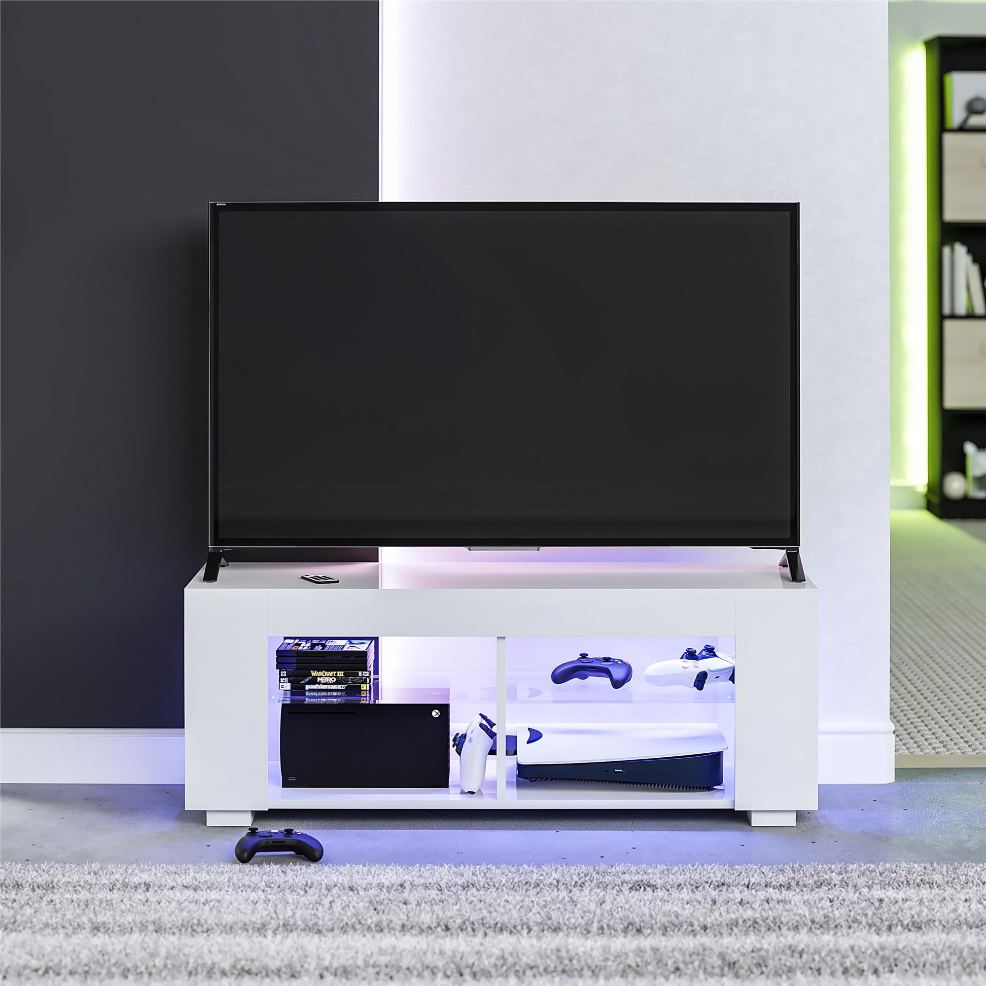 NTense LED TV Stand with Glass Shelves for TVs up to 55", White Gloss
