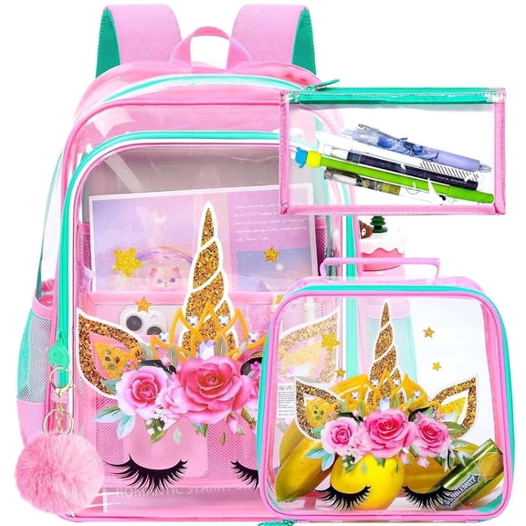 Kids Clear Backpack for Girls, 16" Heavy Duty PVC Transparent Bookbag with Frame Reflective Strip, Cute See Through School Bags for Elementary Preschool - Unicorn Pink
