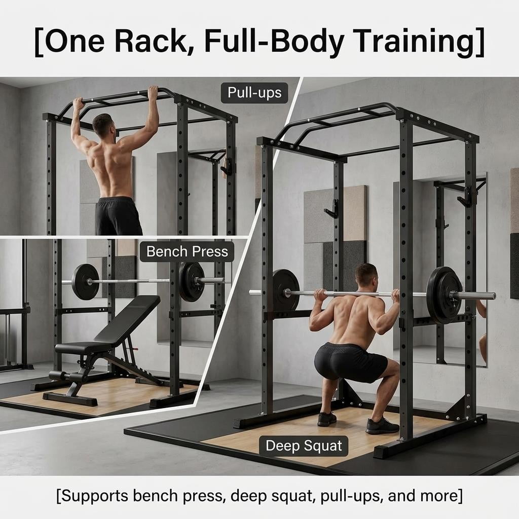 Tanfengu 1200 lbs Power Cage, Heavy-Duty Steel Squat Rack with Adjustable Safety Bars & Multi-Grip Pull-Up Bar for Home Gym Strength Training（Black)