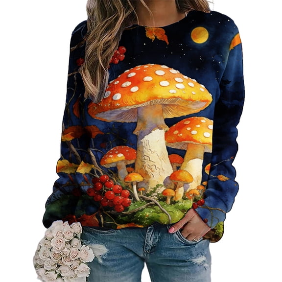Hvot&aat Long Sleeve Shirts for Women Mushroom Graphic Sweatshirts Casual Crewneck Fall Pullover