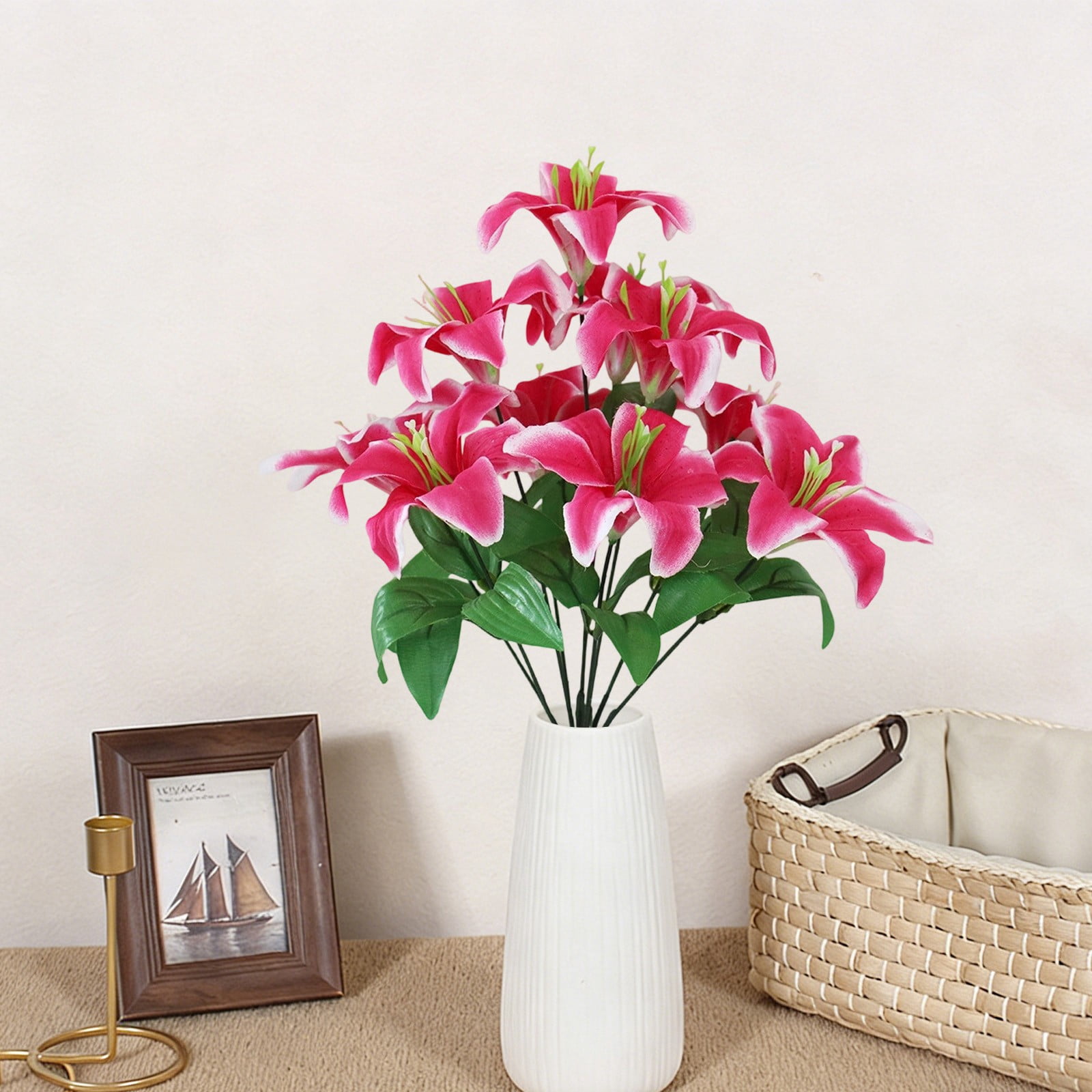 ERTZAE Shop Window Lily Display,Durable Artificial Lilies,Residential Home Floral,Indoor Decorative Lilies,Pink 10-Head Artificial Multi-Leaf Lily Bouquet 18Inch,Realistic Flower Stem for Vase Decor
